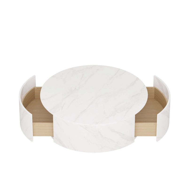 Table Basse Ronde Moderne, Plateau en Pierre Frittée Blanche avec 2 Tiroirs