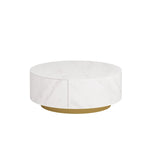 Table Basse Ronde Moderne, Plateau en Pierre Frittée Blanche avec 2 Tiroirs