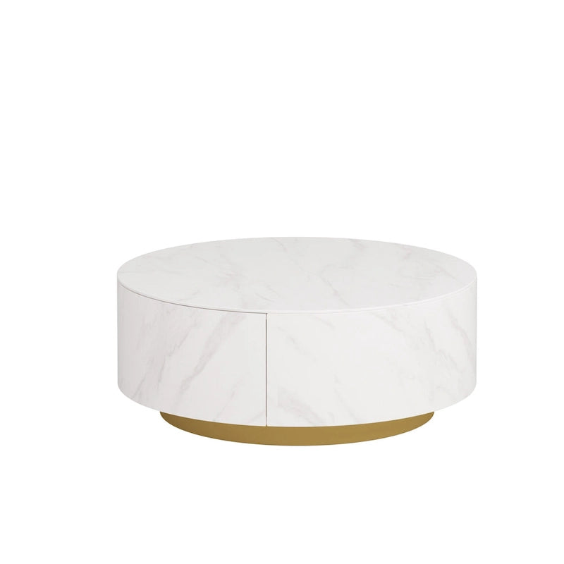 Table Basse Ronde Moderne, Plateau en Pierre Frittée Blanche avec 2 Tiroirs