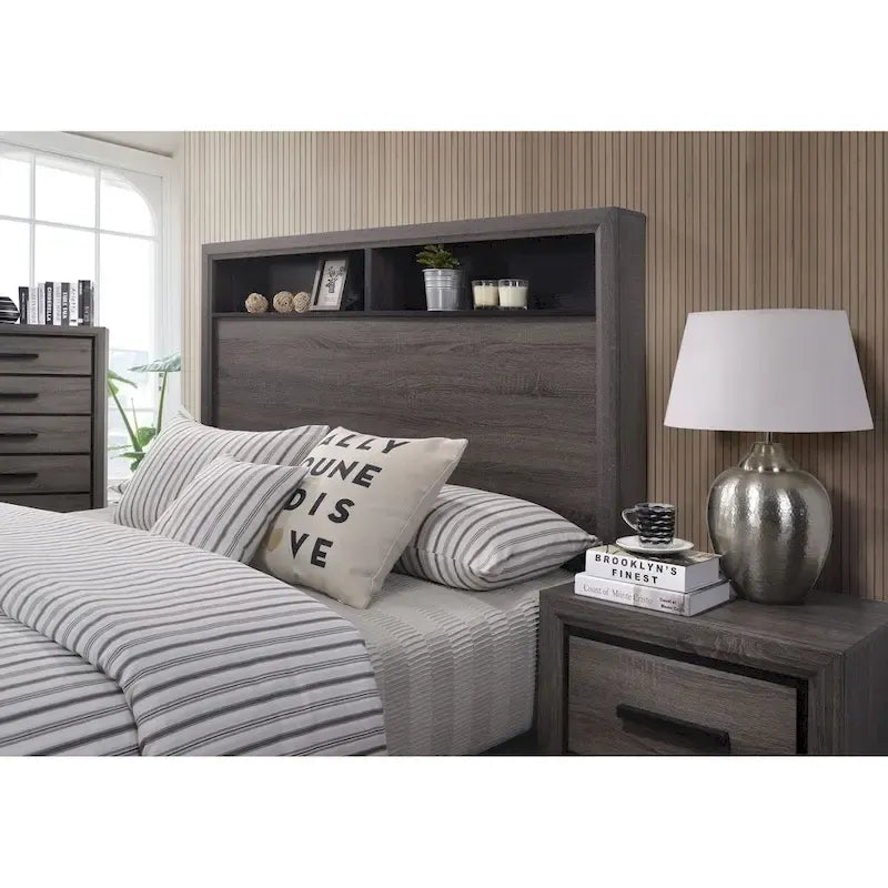 Lit Rothwell Grey Wood avec tête de lit bibliothèque