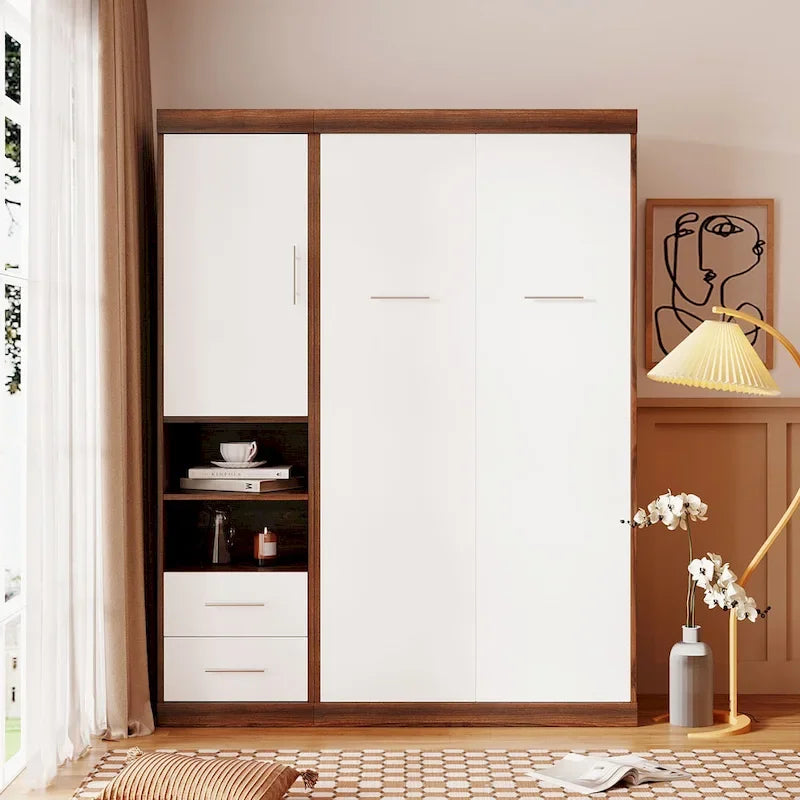 Lit mural escamotable double avec armoire, blanc