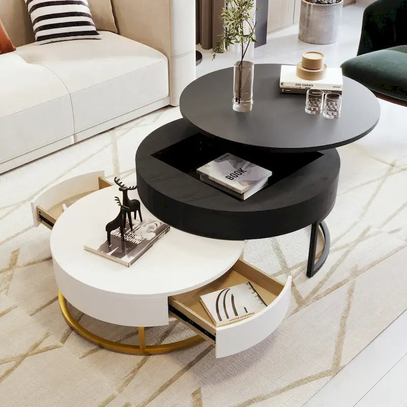 Tables basses gigognes rondes modernes à plateau relevable avec 2 tiroirs Blanc et Noir