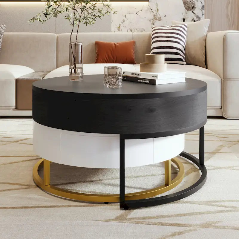 Tables basses gigognes rondes modernes à plateau relevable avec 2 tiroirs Blanc et Noir