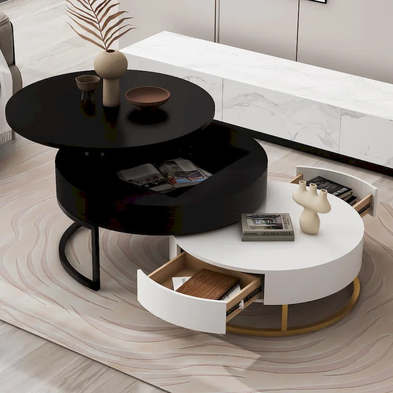 Tables basses gigognes rondes modernes à plateau relevable avec 2 tiroirs Blanc et Noir