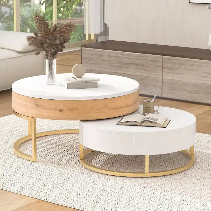 Tables basses gigognes rondes modernes à plateau relevable avec 2 tiroirs Blanc et Noir