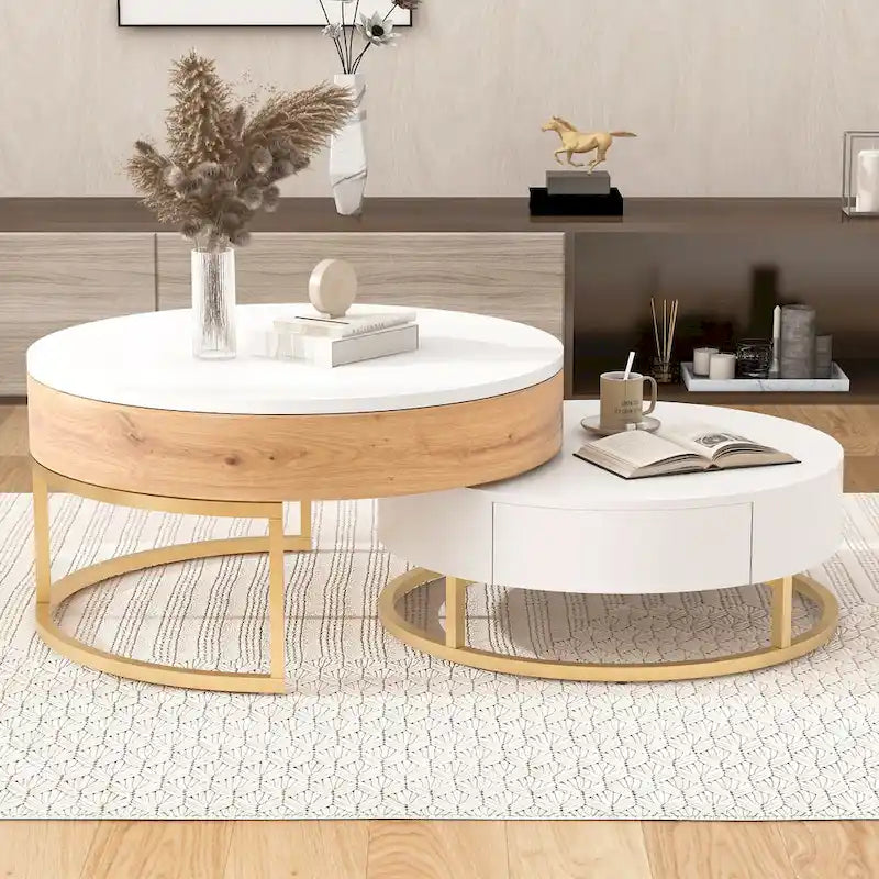 Tables basses gigognes rondes modernes à plateau relevable avec 2 tiroirs Blanc et Noir