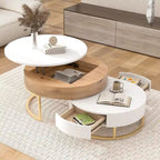 Tables basses gigognes rondes modernes à plateau relevable avec 2 tiroirs Blanc et Noir