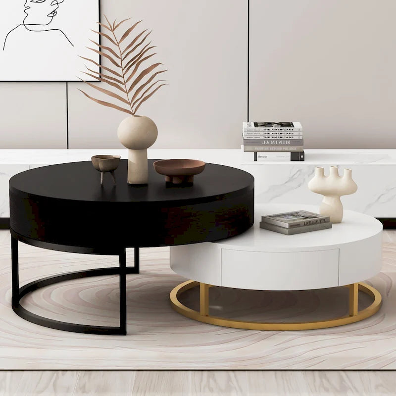 Tables basses gigognes rondes modernes à plateau relevable avec 2 tiroirs Blanc et Noir