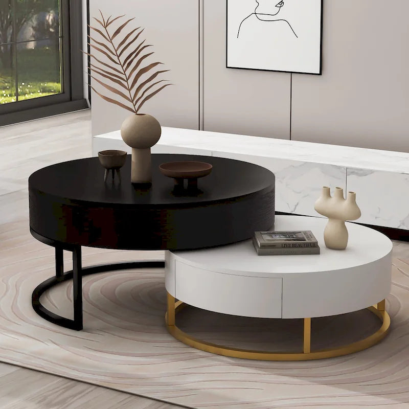 Tables basses gigognes rondes modernes à plateau relevable avec 2 tiroirs Blanc et Noir