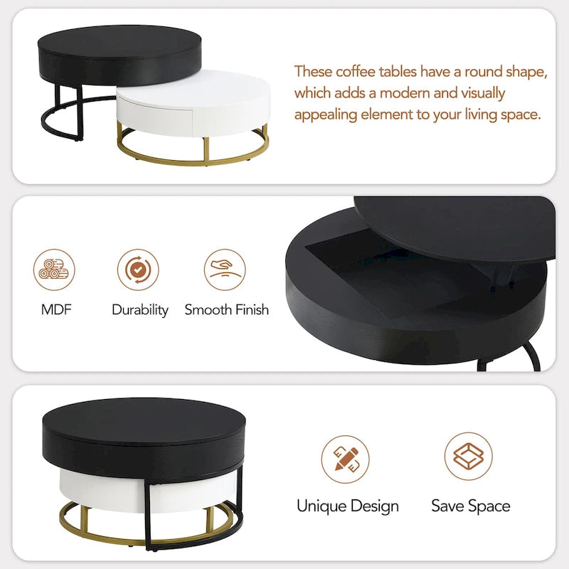 Tables basses gigognes rondes modernes à plateau relevable avec 2 tiroirs Blanc et Noir