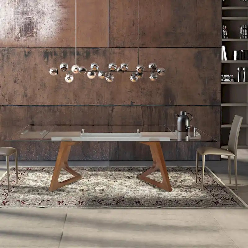 Table à manger extensible avec plateau en verre transparent et pieds en bois - 160/240 x 90 x 75 cm