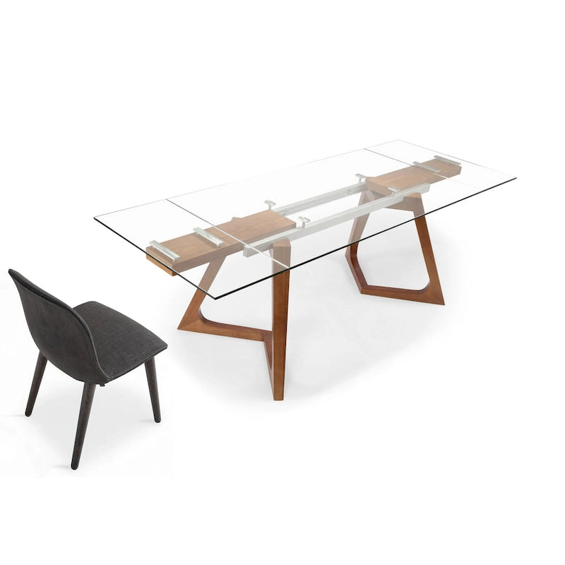 Table à manger extensible avec plateau en verre transparent et pieds en bois - 160/240 x 90 x 75 cm