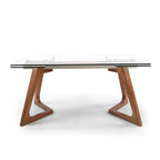 Table à manger extensible avec plateau en verre transparent et pieds en bois - 160/240 x 90 x 75 cm