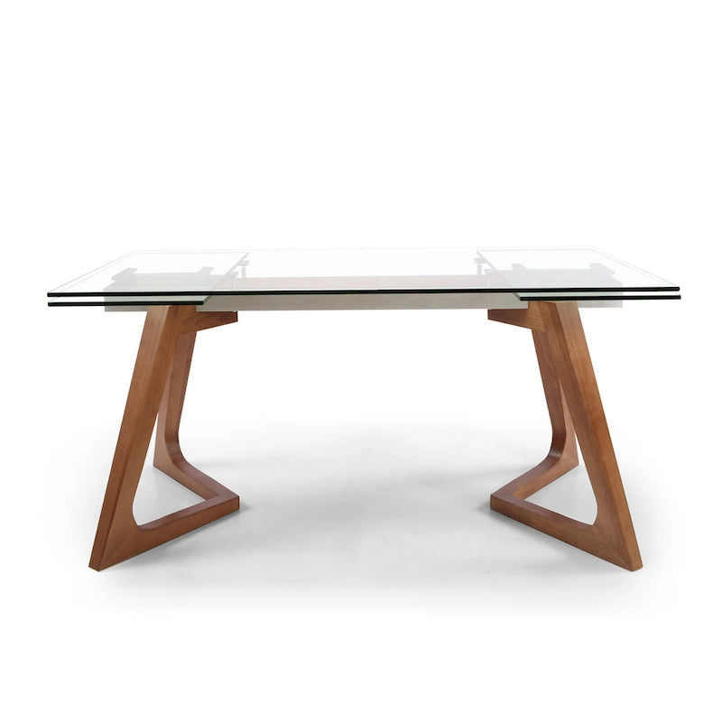 Table à manger extensible avec plateau en verre transparent et pieds en bois - 160/240 x 90 x 75 cm