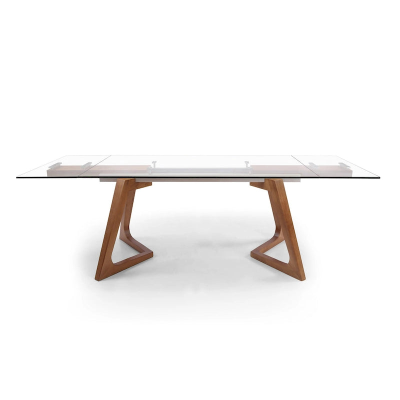 Table à manger extensible avec plateau en verre transparent et pieds en bois - 160/240 x 90 x 75 cm