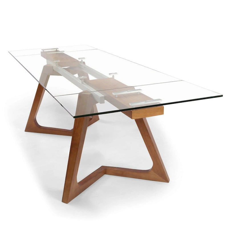 Table à manger extensible avec plateau en verre transparent et pieds en bois - 160/240 x 90 x 75 cm