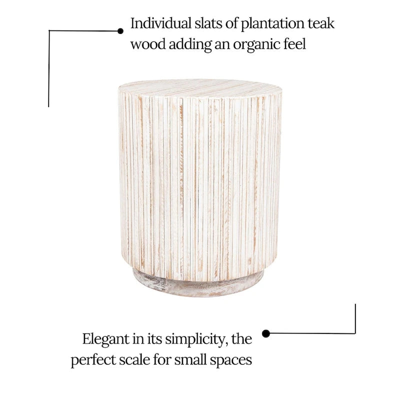 Table basse cylindrique en teck blanc vieilli par
