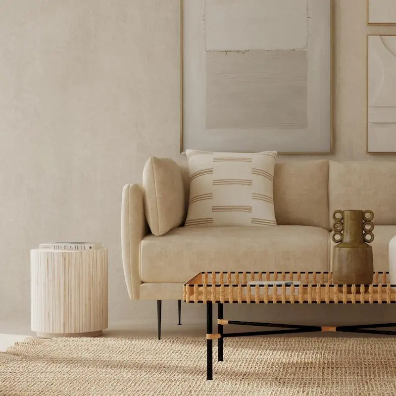 Table basse cylindrique en teck blanc vieilli par