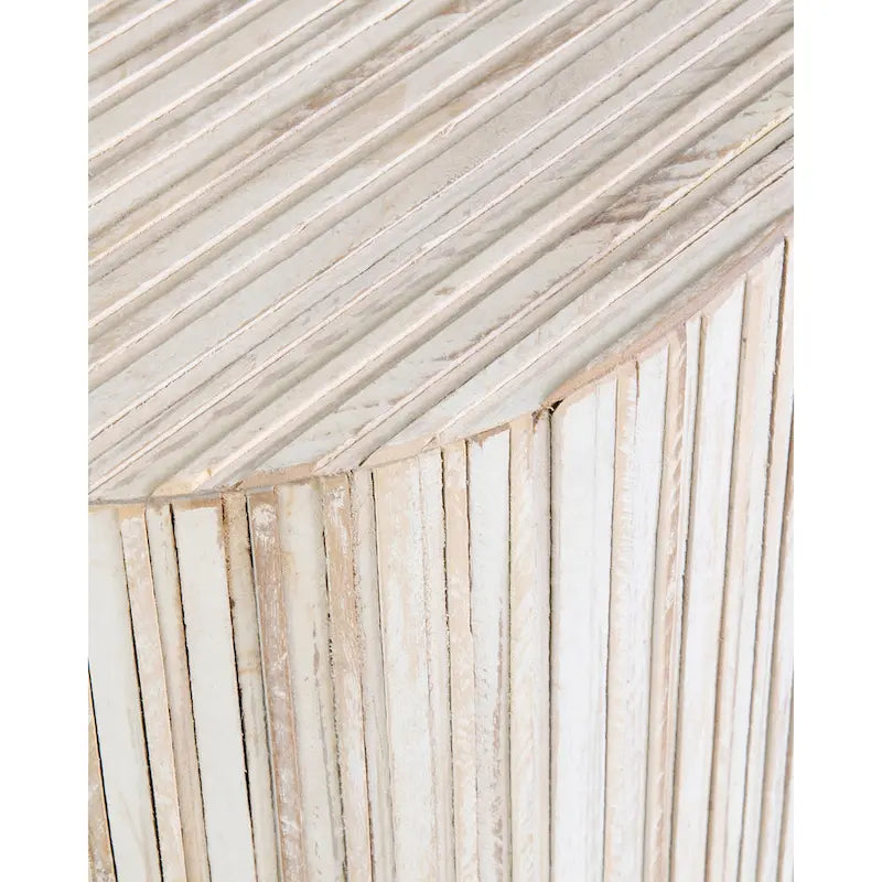 Table basse cylindrique en teck blanc vieilli par