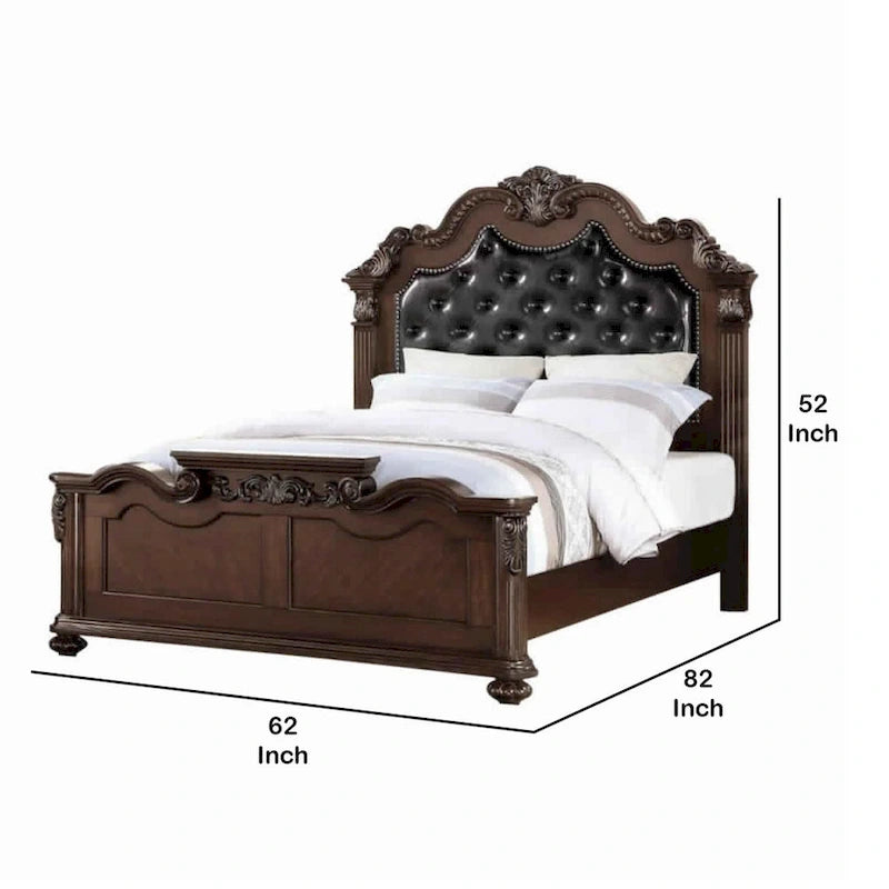 Lit Queen en bois sculpté et rembourré en noyer foncé