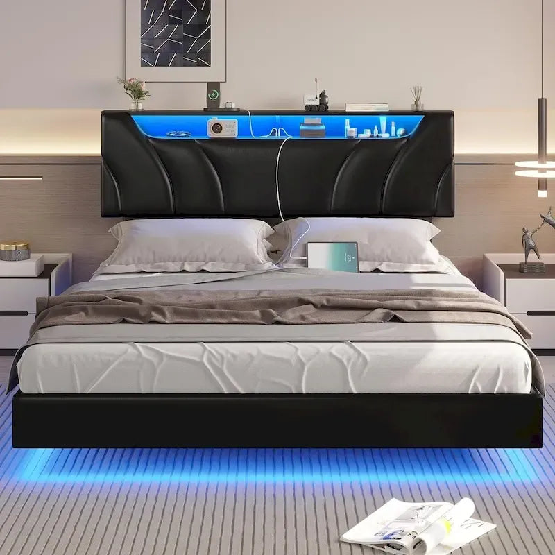 Cadre de lit flottant à LED, tête de lit de rangement cachée, USB et USB-C