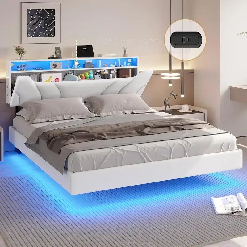 Cadre de lit flottant à LED, tête de lit de rangement cachée, USB et USB-C