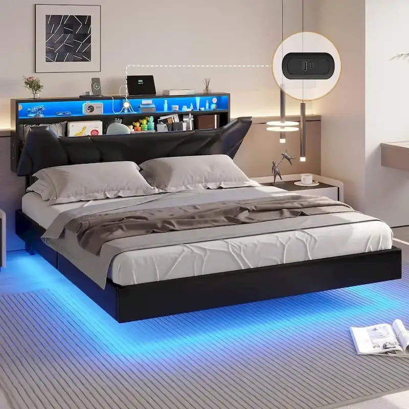 Cadre de lit flottant à LED, tête de lit de rangement cachée, USB et USB-C