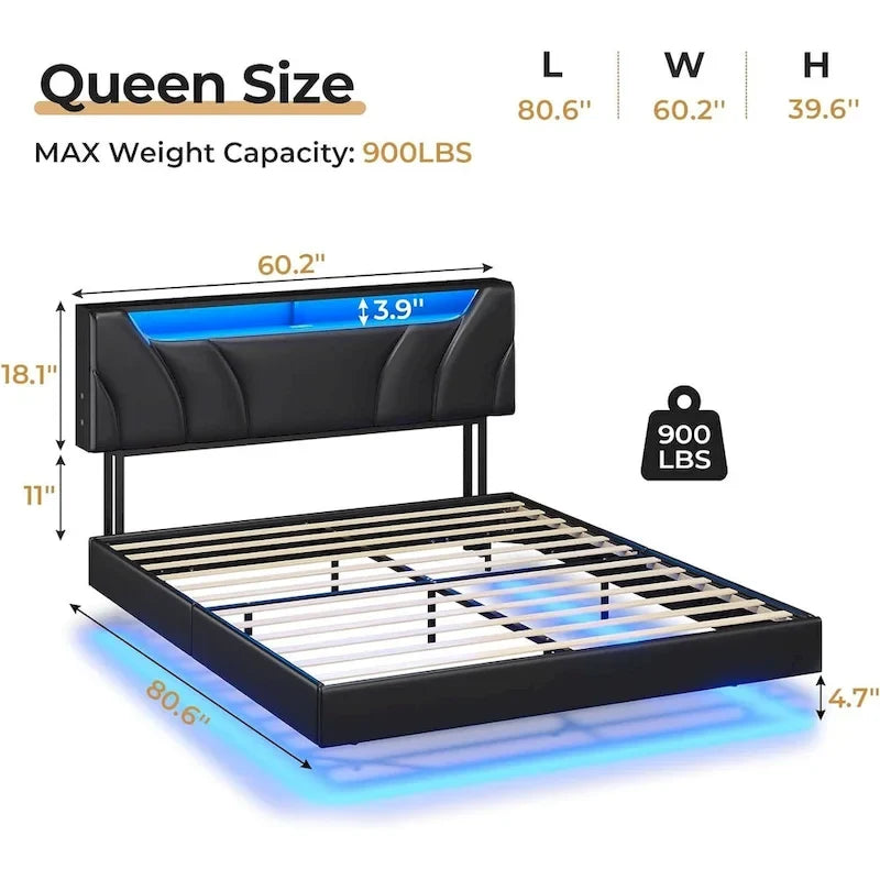 Cadre de lit flottant à LED, tête de lit de rangement cachée, USB et USB-C