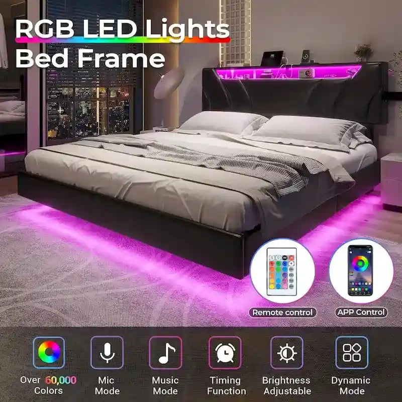 Cadre de lit flottant à LED, tête de lit de rangement cachée, USB et USB-C