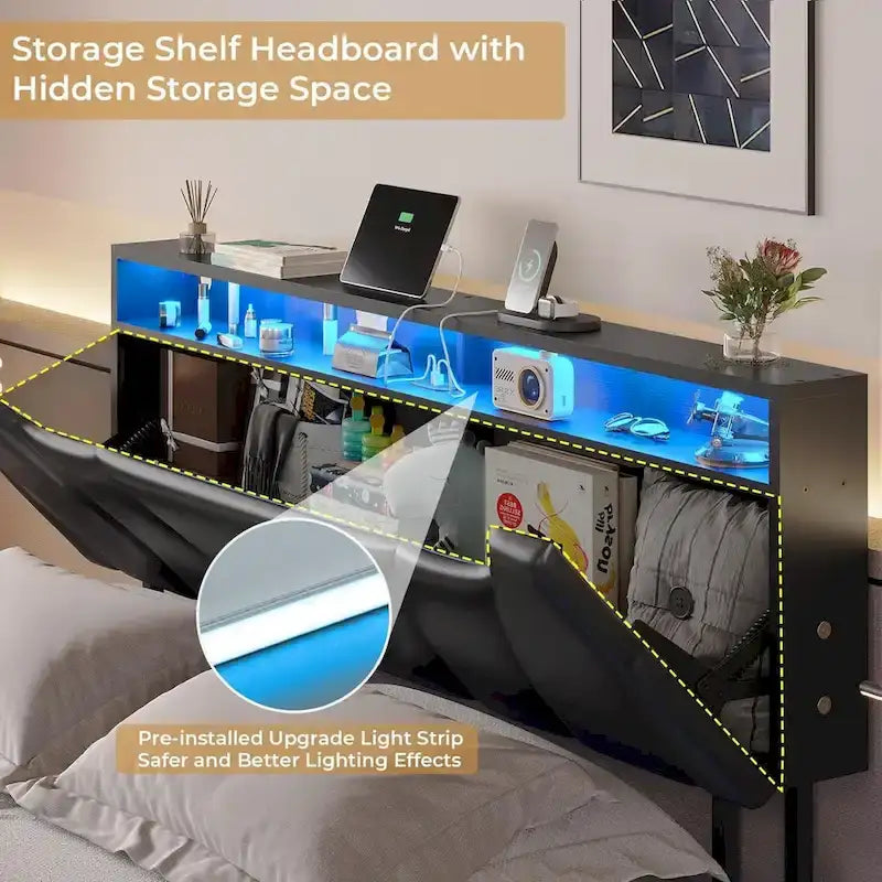 Cadre de lit flottant à LED, tête de lit de rangement cachée, USB et USB-C