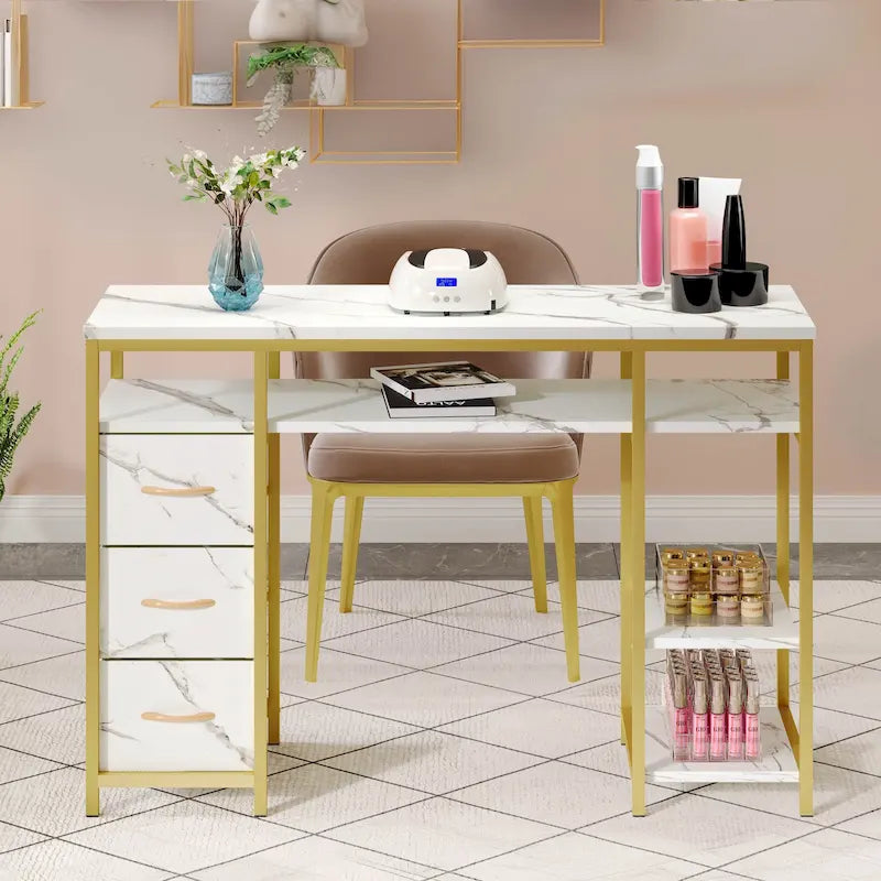 Coiffeuse de maquillage et bureau d'ordinateur avec 3 tiroirs en tissu, poste de travail pour l'art des ongles