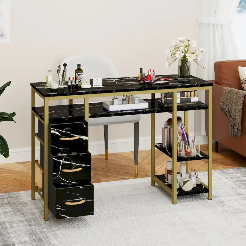 Coiffeuse de maquillage et bureau d'ordinateur avec 3 tiroirs en tissu, poste de travail pour l'art des ongles