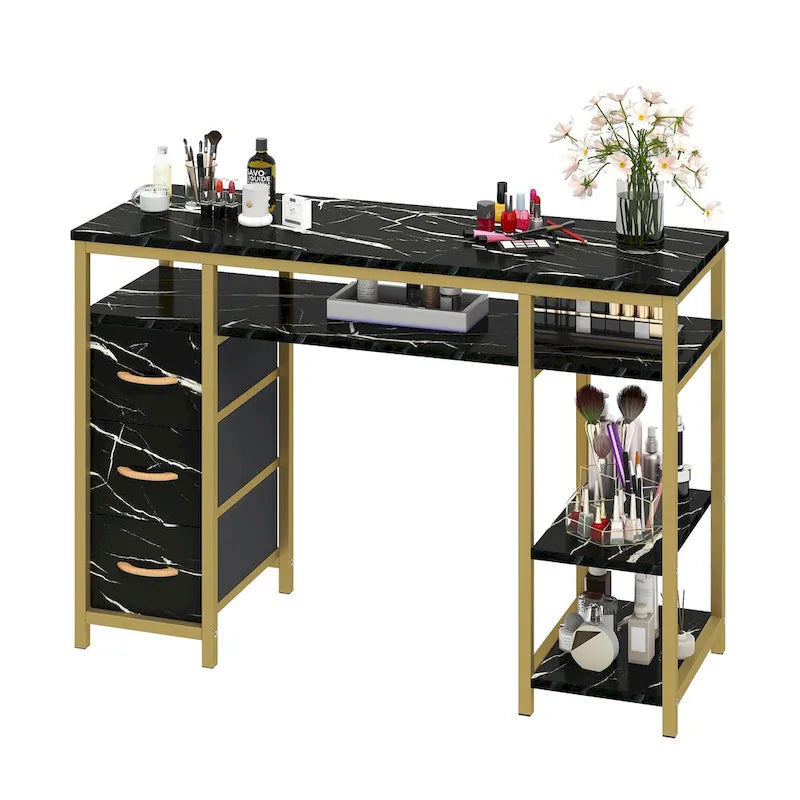 Coiffeuse de maquillage et bureau d'ordinateur avec 3 tiroirs en tissu, poste de travail pour l'art des ongles