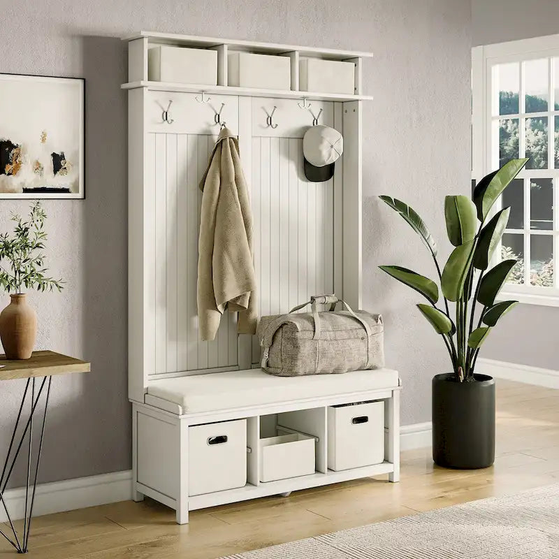 Meuble d'entrée en bois massif avec rangement à chaussures et 2 bacs