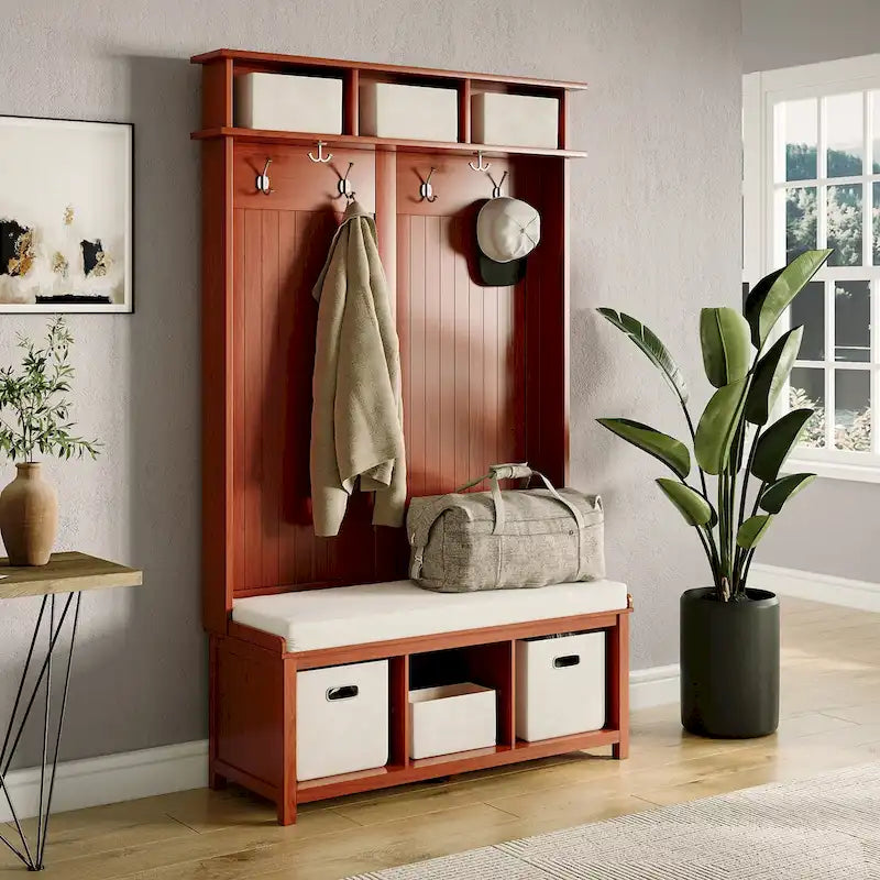Meuble d'entrée en bois massif avec rangement à chaussures et 2 bacs