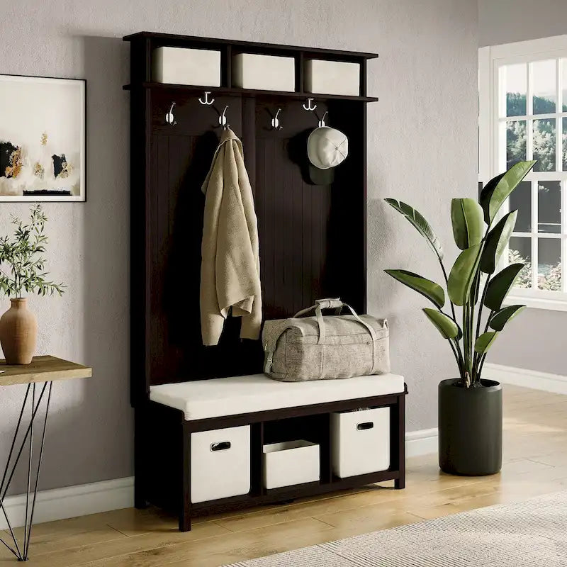 Meuble d'entrée en bois massif avec rangement à chaussures et 2 bacs