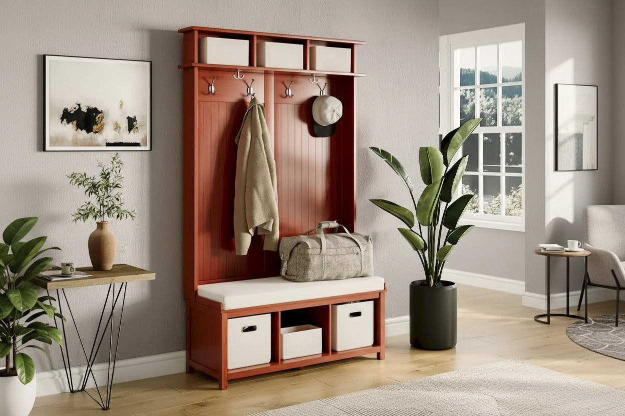  Solid Wood Hall Tree with Shoe and 2 Bin Storage