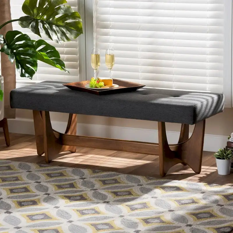 Banc Theo en tissu d'ameublement moderne du milieu du siècle, finition noyer - 17,9 haut x 48,8 large x 18,3 profond