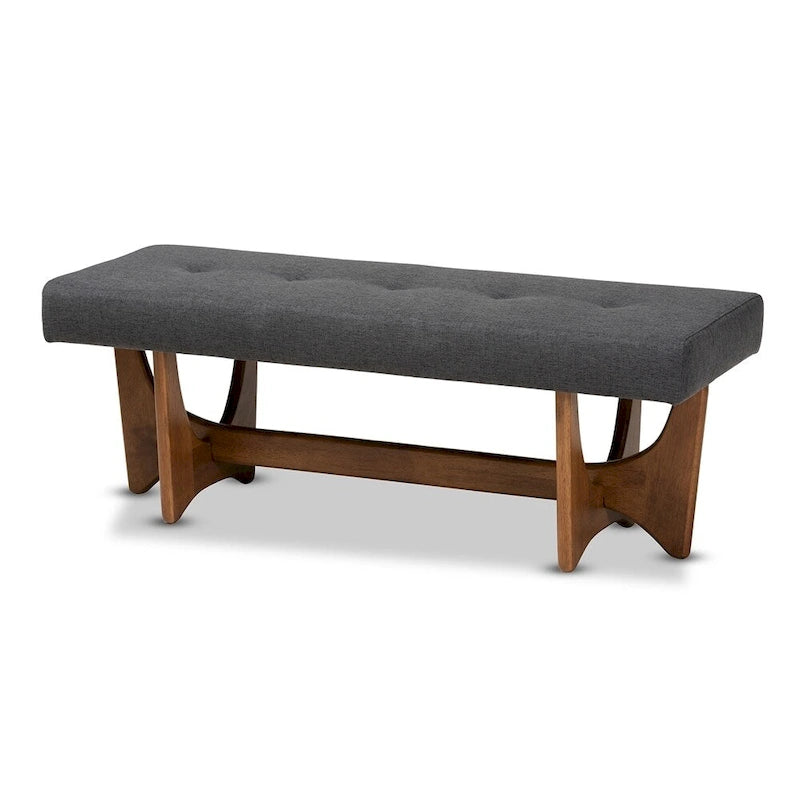 Banc Theo en tissu d'ameublement moderne du milieu du siècle, finition noyer - 17,9 haut x 48,8 large x 18,3 profond