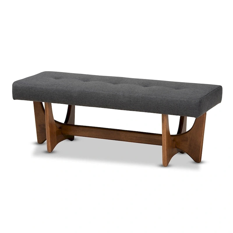 Banc Theo en tissu d'ameublement moderne du milieu du siècle, finition noyer - 17,9 haut x 48,8 large x 18,3 profond