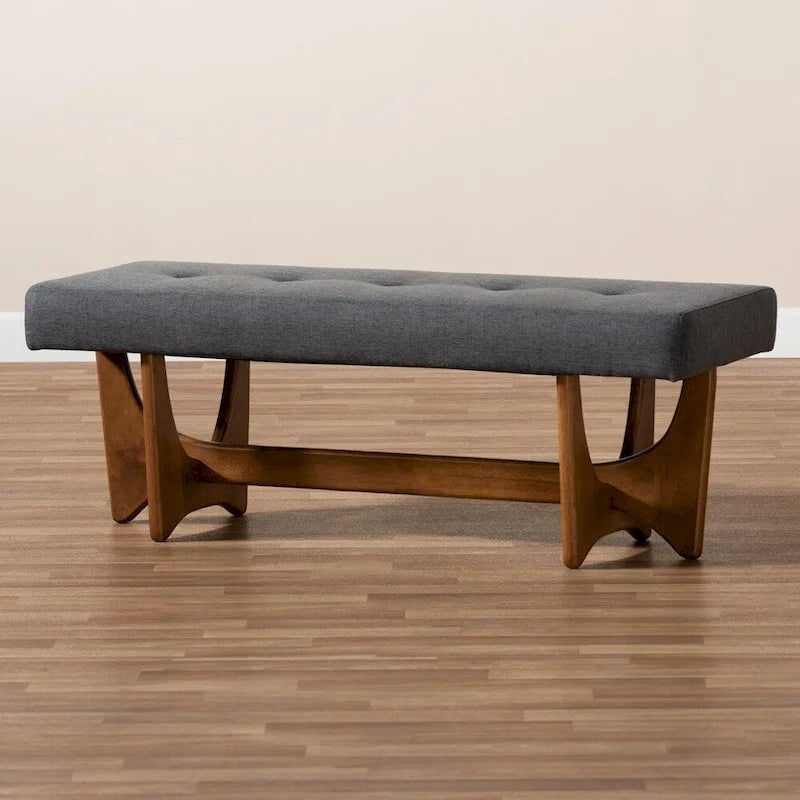 Banc Theo en tissu d'ameublement moderne du milieu du siècle, finition noyer - 17,9 haut x 48,8 large x 18,3 profond