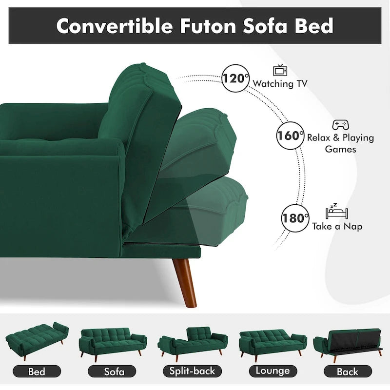 Futon convertible, canapé-lit pliant inclinable pour salon avec 2 oreillers/accoudoirs