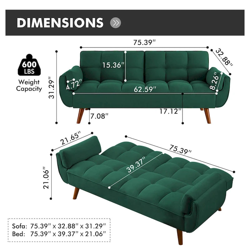 Futon convertible, canapé-lit pliant inclinable pour salon avec 2 oreillers/accoudoirs