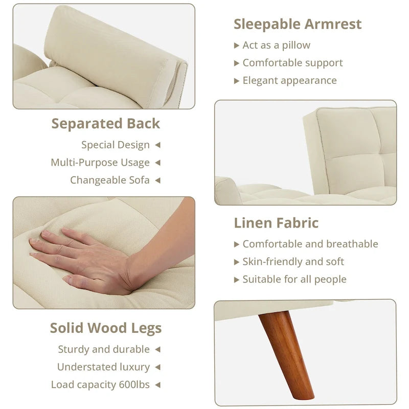 Futon convertible, canapé-lit pliant inclinable pour salon avec 2 oreillers/accoudoirs
