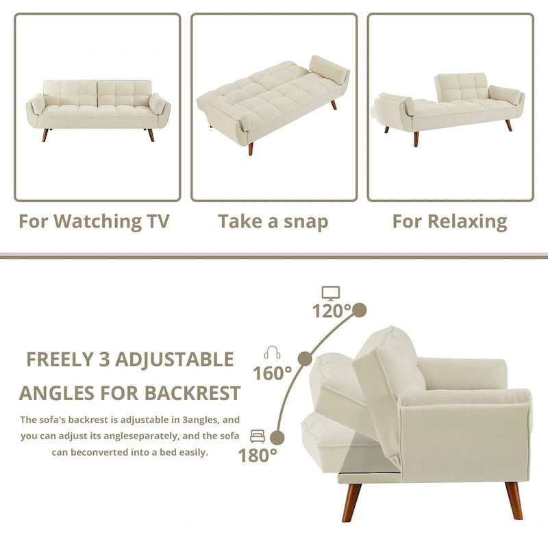 Futon convertible, canapé-lit pliant inclinable pour salon avec 2 oreillers/accoudoirs