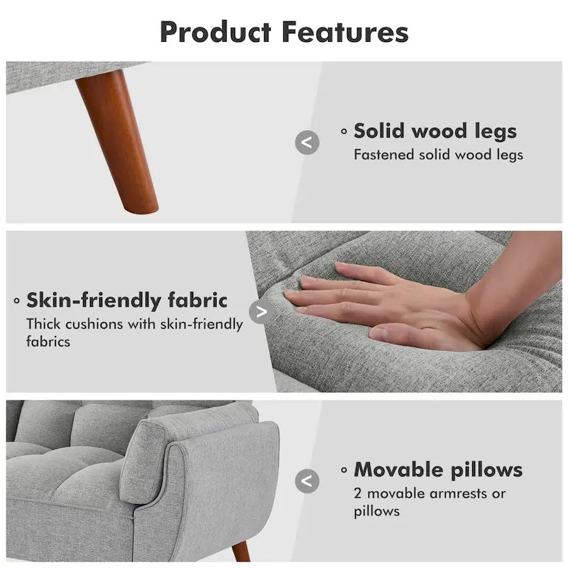 Futon convertible, canapé-lit pliant inclinable pour salon avec 2 oreillers/accoudoirs