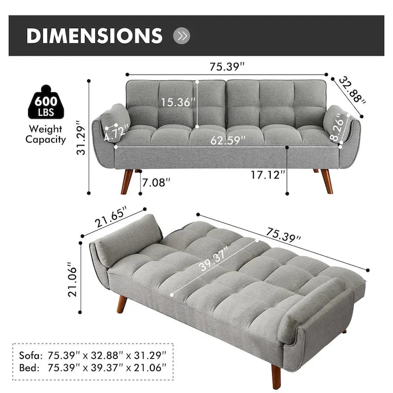 Futon convertible, canapé-lit pliant inclinable pour salon avec 2 oreillers/accoudoirs
