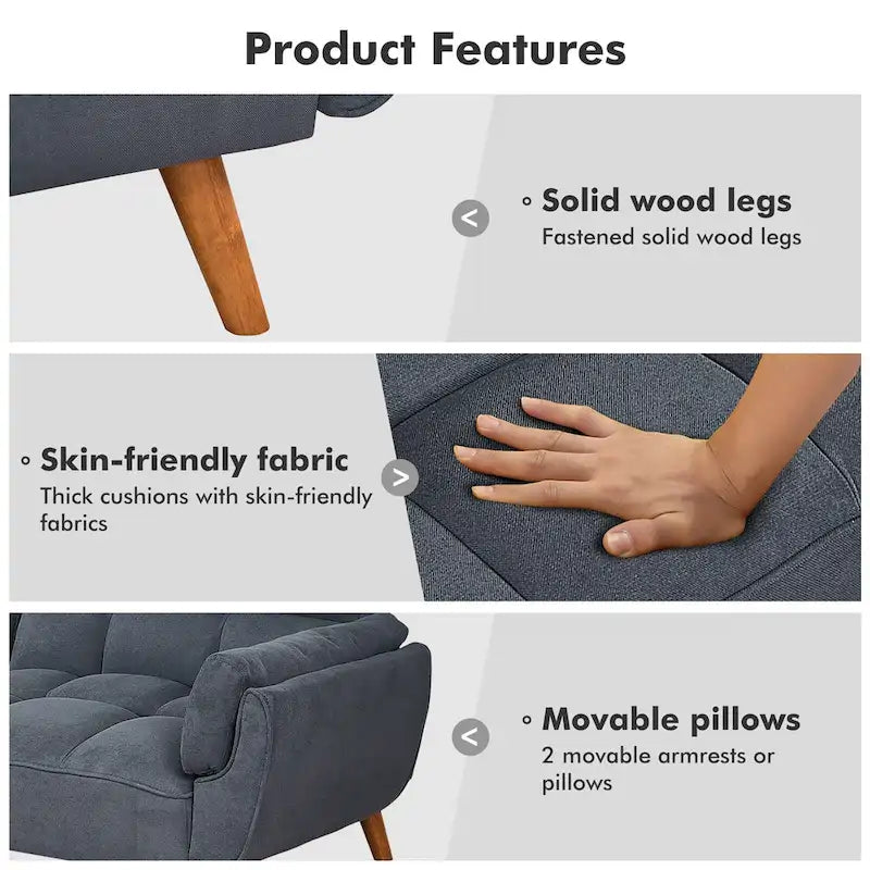 Futon convertible, canapé-lit pliant inclinable pour salon avec 2 oreillers/accoudoirs