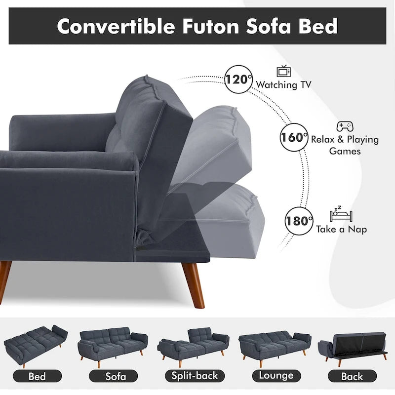 Futon convertible, canapé-lit pliant inclinable pour salon avec 2 oreillers/accoudoirs