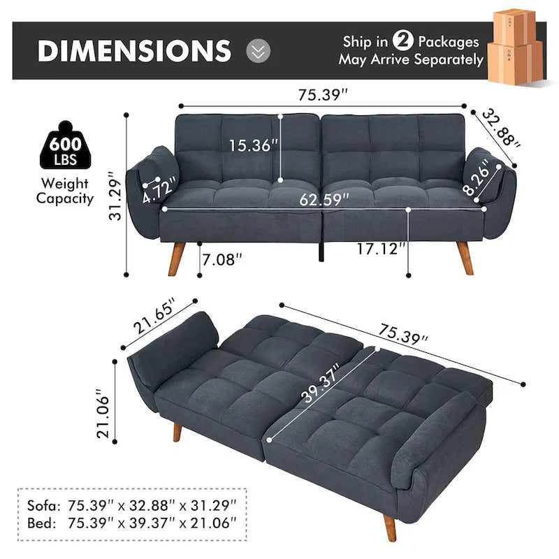 Futon convertible, canapé-lit pliant inclinable pour salon avec 2 oreillers/accoudoirs